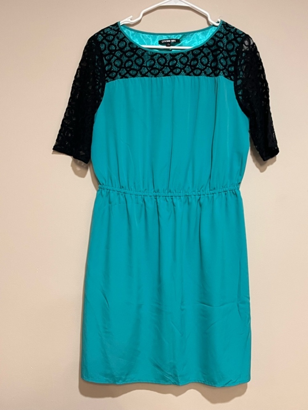 Gianna Bini | Blouson elastic waist mini dress Women’s size L turquoise & lace